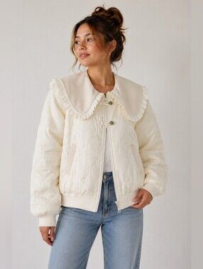 THPP Ivory Jacquard Quilted Bomber Jacket Ruffle Sailor Collar Size L